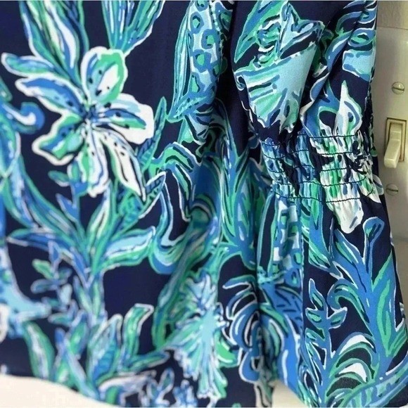 Lilly Pulitzer Maritza Floral Blouse Teal Blue Green Button Front Long Sleeve