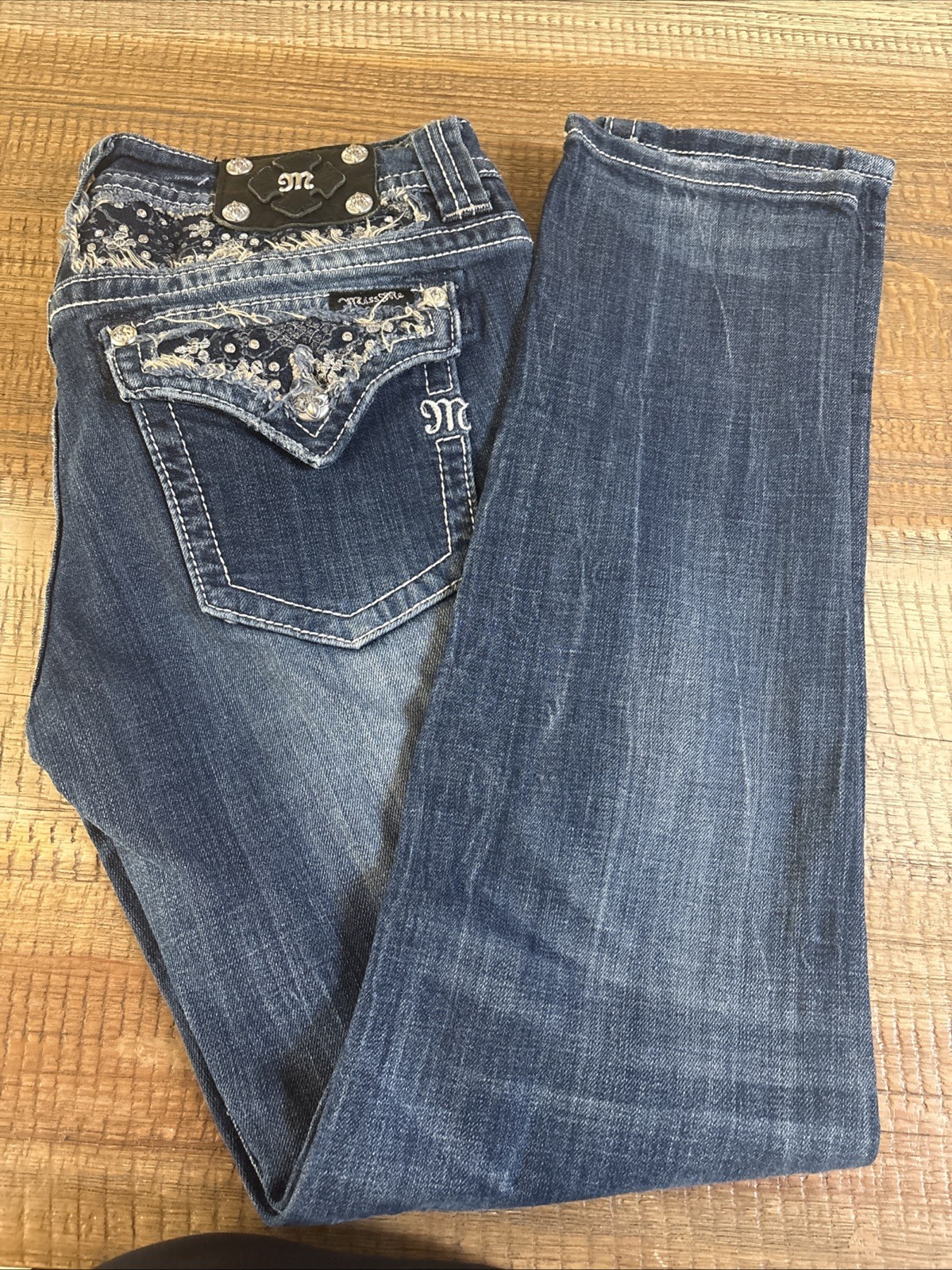 Women’s Miss Me Dark Wash Blue Jeans 28×32 Skinny Studded Beaded JP5619S
