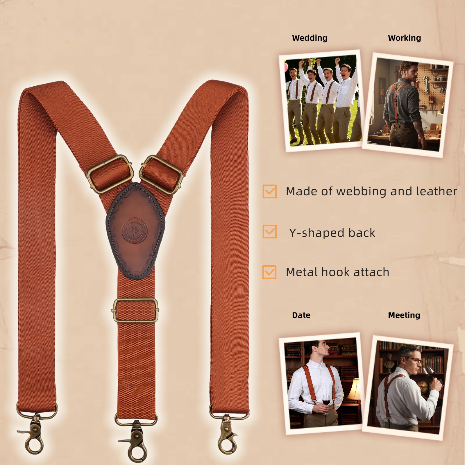 TOURBON Retro Men’s Suspenders Y Back Y-Shaped Hooks Pants Braces Bestman Gift