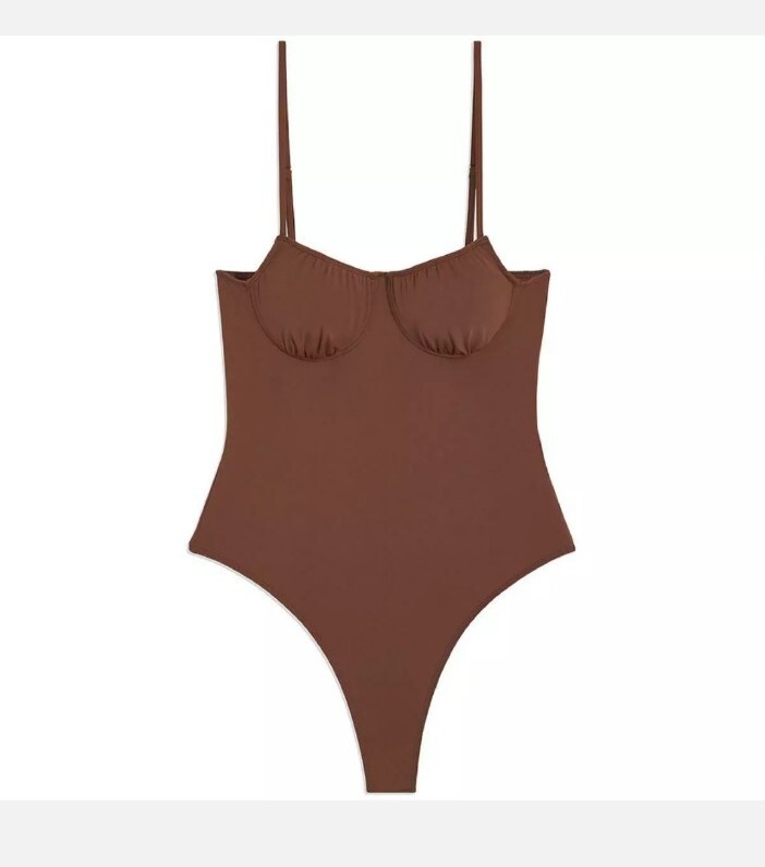 Danielle Bernstein Women’s Spaghetti Strap Ruched Cup Bodysuit Chocolate M
