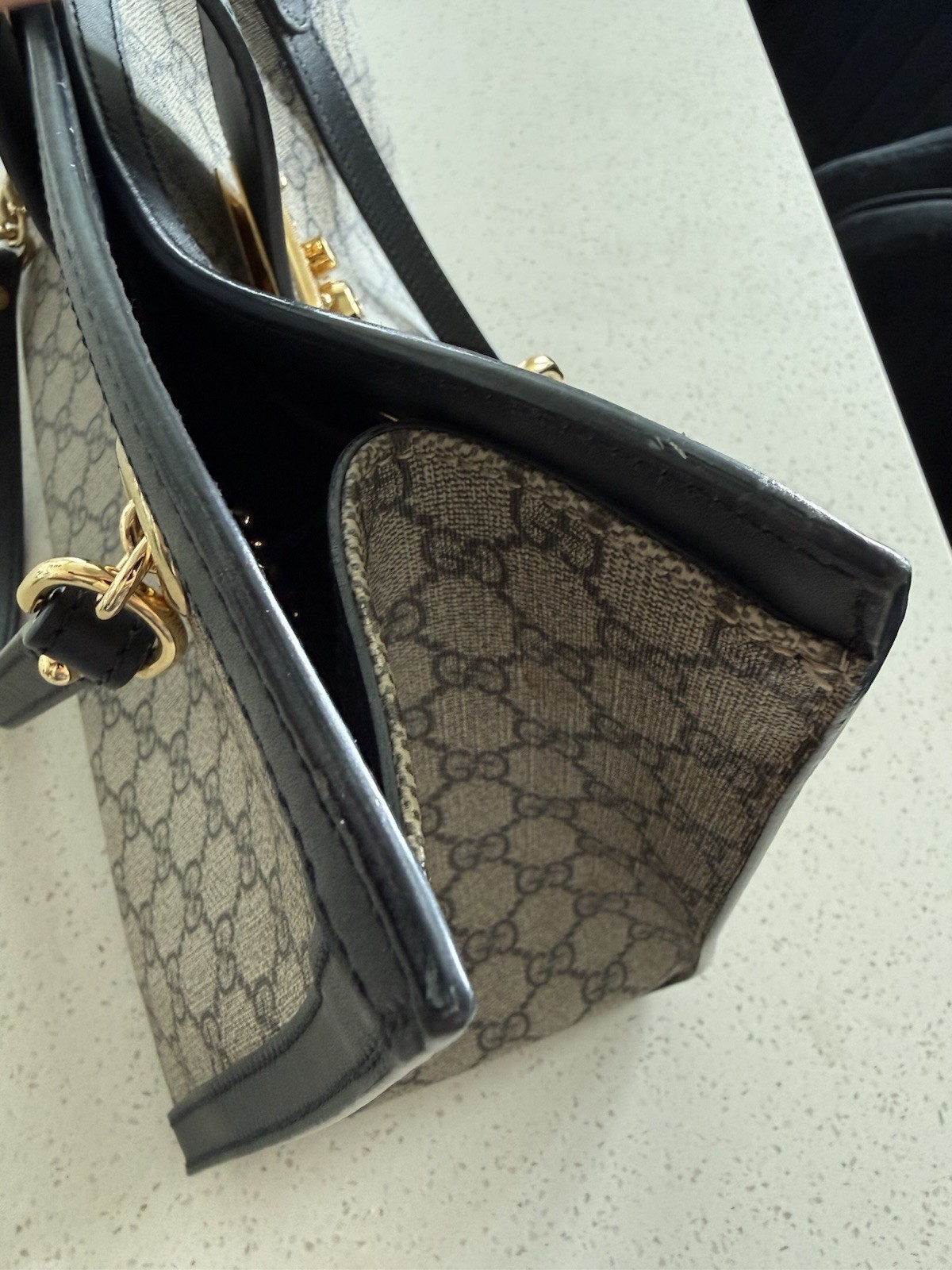 Gucci GG Padlock Medium Top Handle Bag Beige Black Gold Lock Chain Strap