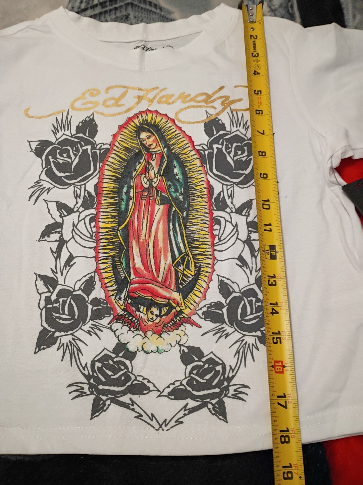 Ed Hardy White Tee with Virgin Mary Graphic