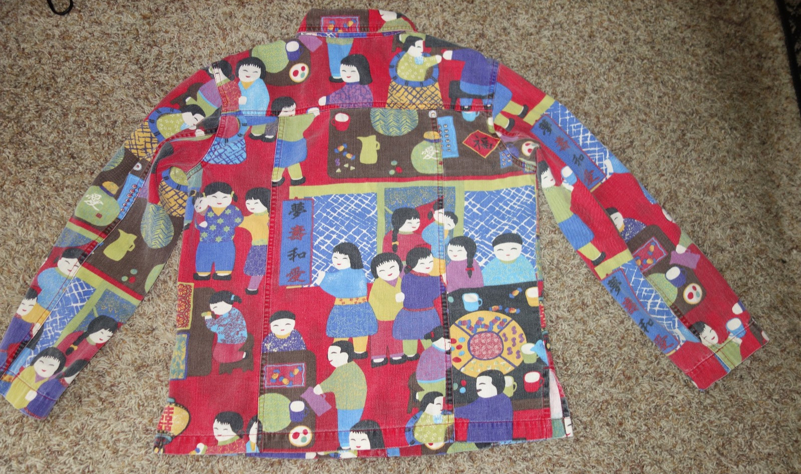 Chicos Design Asian Oriental Kokeshi Doll Art Colorful Cotton Denim Jacket Sz 1