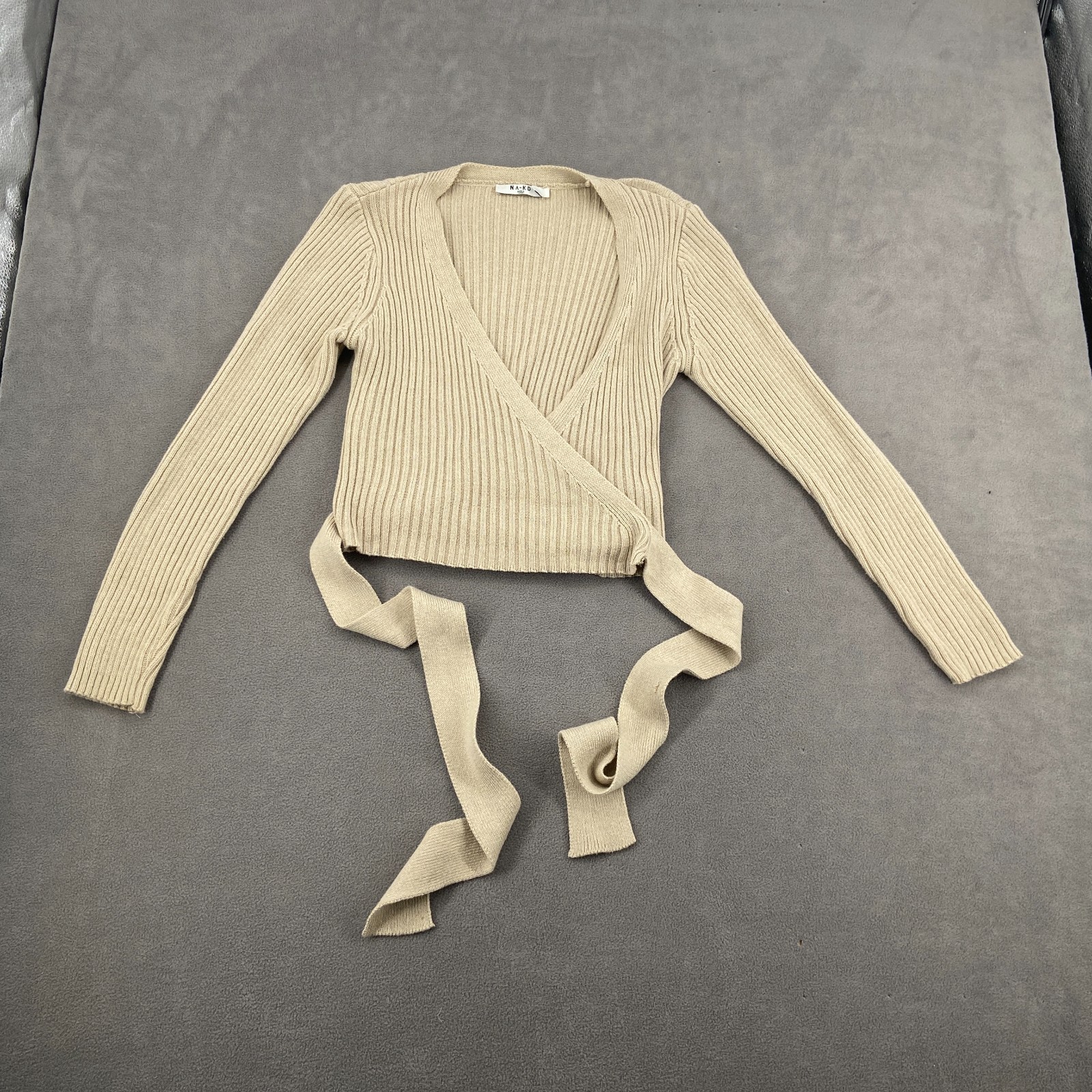 NA-KD Cropped Wrap Sweater Womens Medium Beige Ribbed Knit Coquette Tie Waist