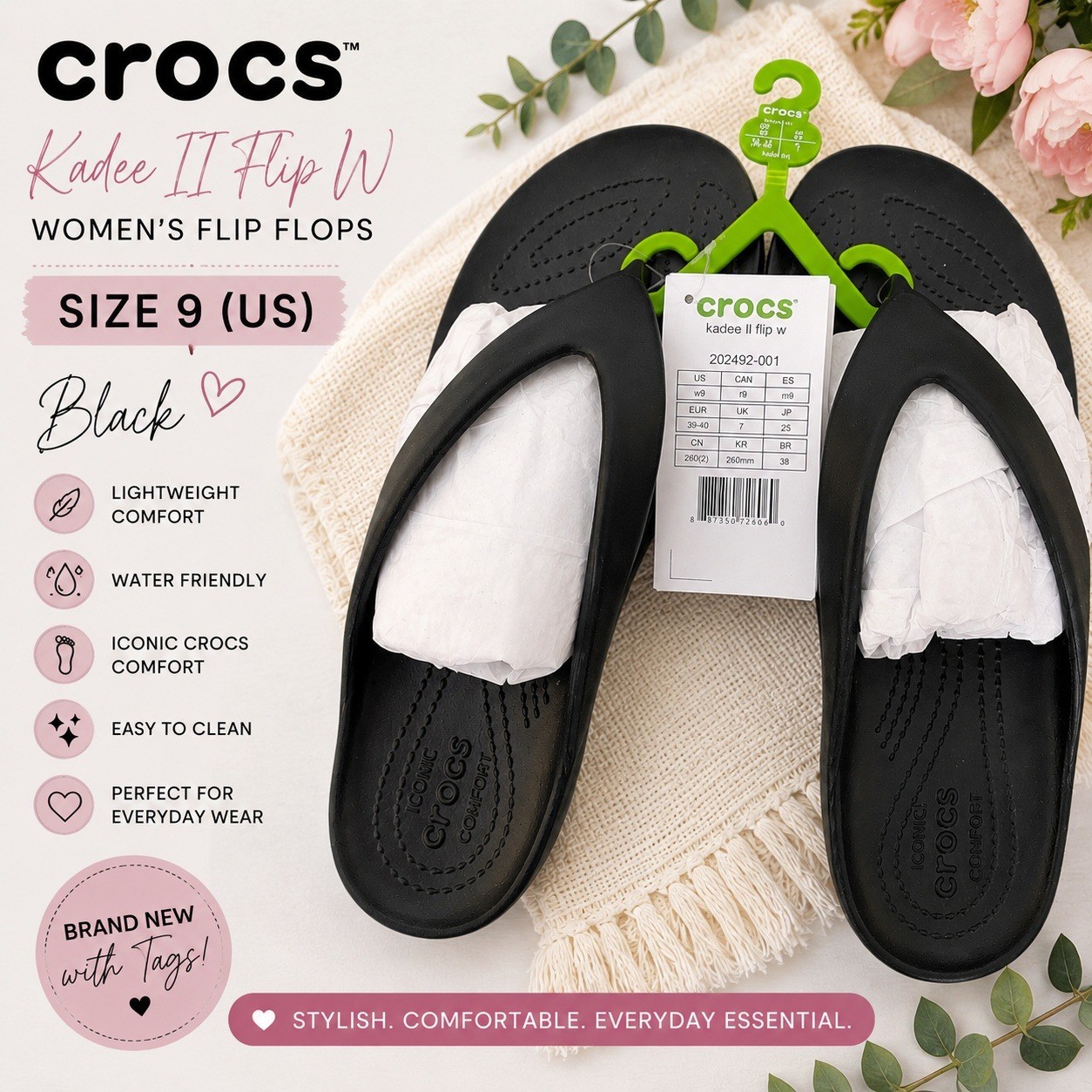 Crocs Kadee II Flip Flops Womens Black Comfort Sandals 202492-001 Size 9 NEW