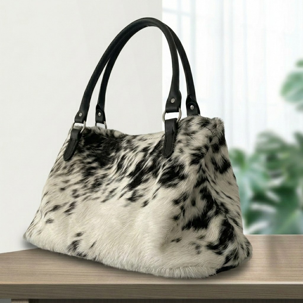 Genuine Cowhide Leather Tote Bag Handmade Brown & White Hair-On Purse new style