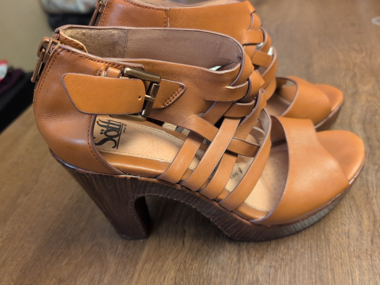 Sofft 9.5 Ohanna Brown Tan Vowen Leather Heel Sandal Weave Boho Platform Retro