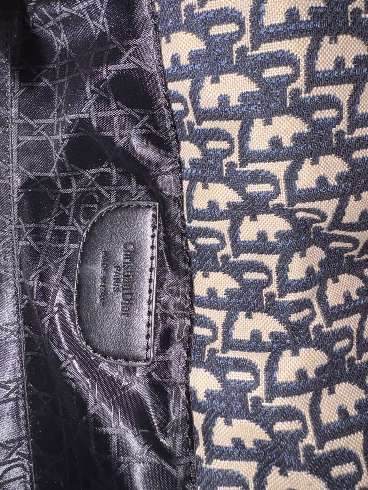 Dior Blue Beige Monogram Jacquard Top Handle Bag Gold Hardware CD Charm