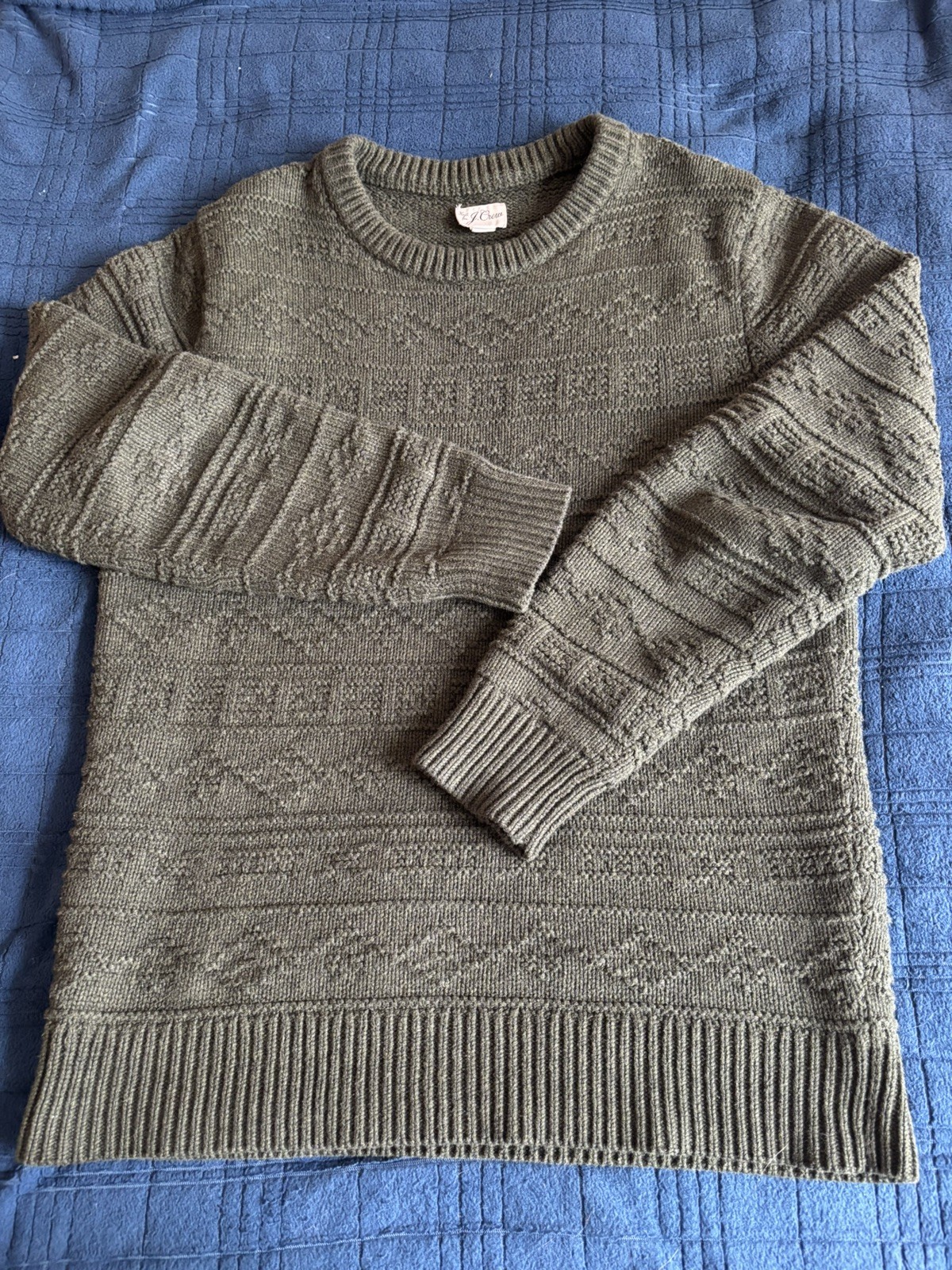J Crew Sweater Men Small Olive Green Combination Guernsey Stitch Knit Sweatshirt