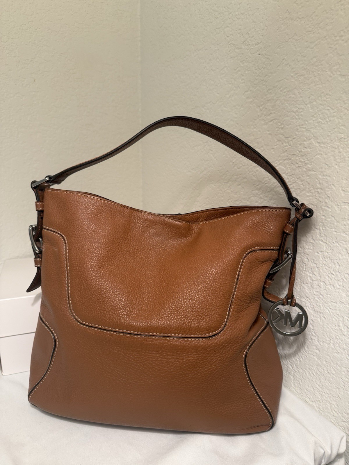 MICHAEL KORS Nolita Large Pebbled Leather Hobo Shoulder Bag Luggage Brown MK Vtg