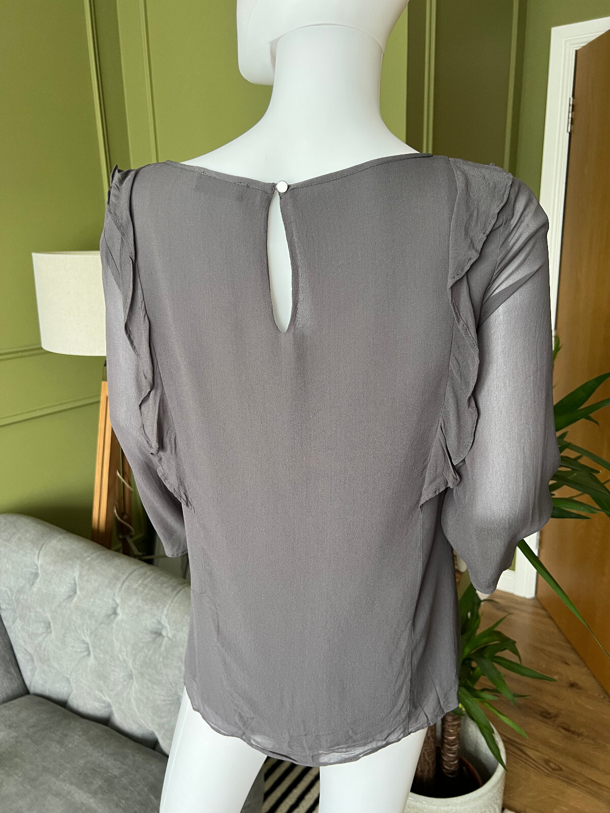 Mint Velvet Top Blouse Ash Grey Chiffon Frill detail lined top UK 10