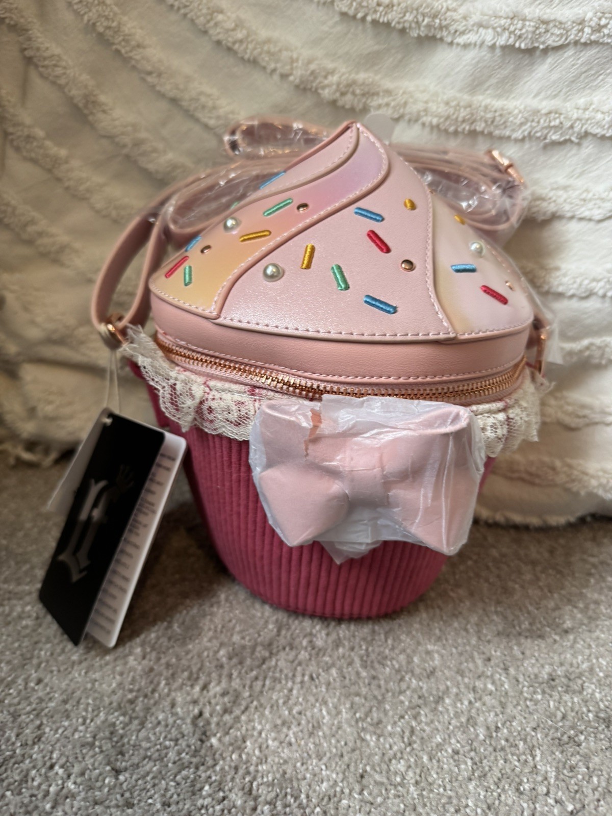 Loungefly Pink Cupcake Shaped Crossbody Bag, Zip, Bow Lace Pearl, Gold HW