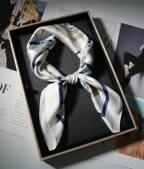 Women’s Square Scarf 27.5 in (70 Anchor & Sailboat (White / Navy Blue / Gold)