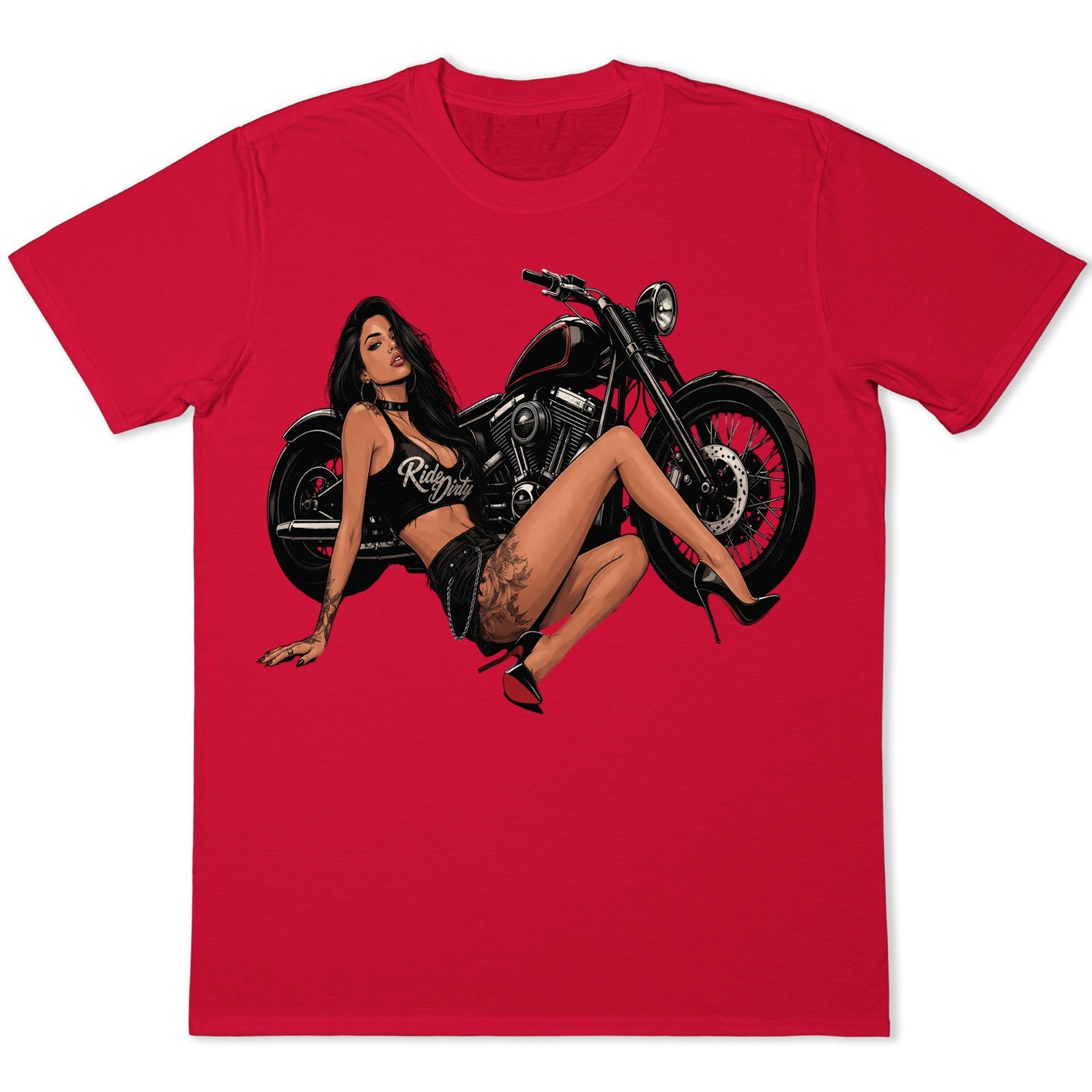 Ride Dirty Pinup Girl Biker T-Shirt Motorcycle Tattoo Babe Graphic Tee .