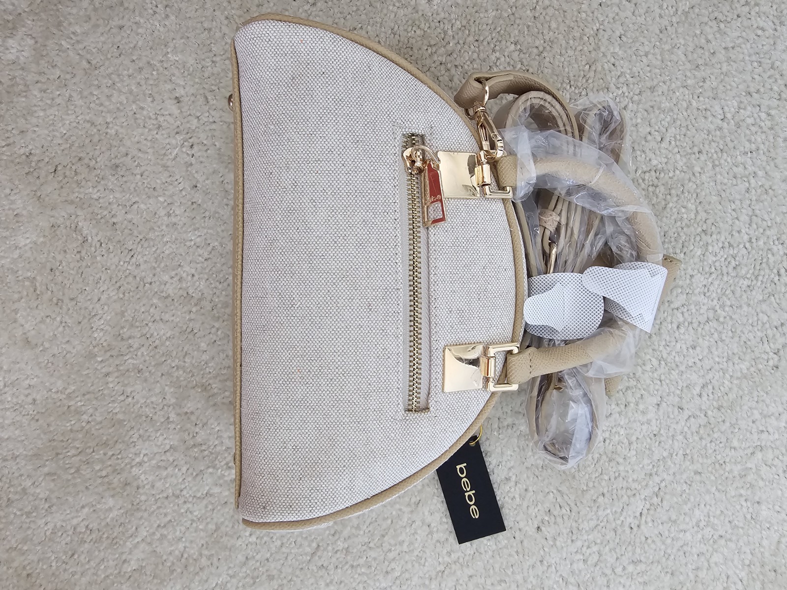 bebe Beige Logo Crescent Satchel Top Handle Zip Gold Hardware Detachable Strap