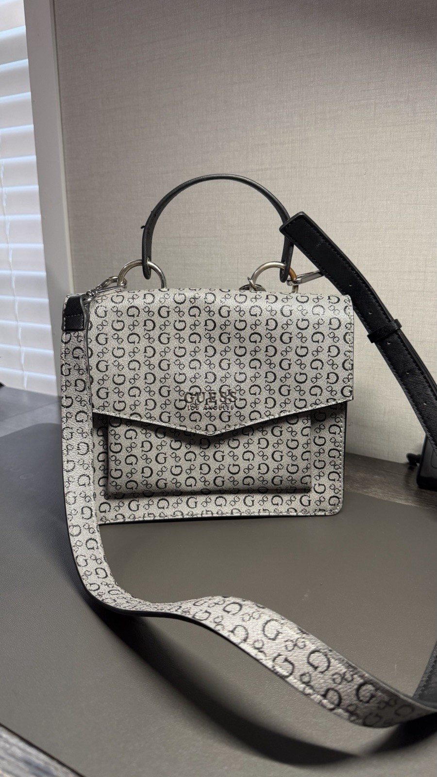 GUESS Grey/Black Logo Print Small Top Handle Satchel Crossbody, Magnetic