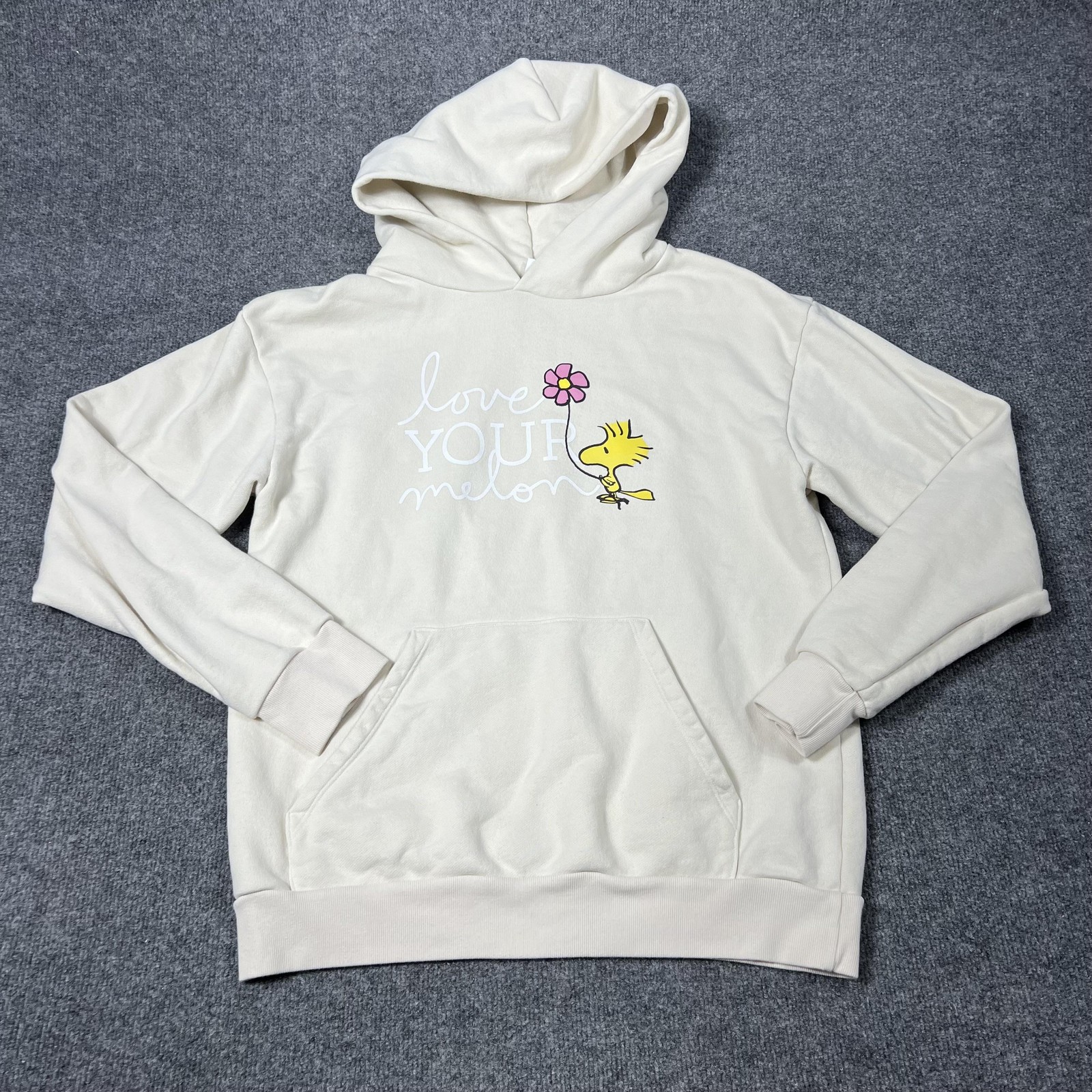 Peanuts Love Your Melon Hoodie Womens Small Cream Woodstock Flower Oversize USA