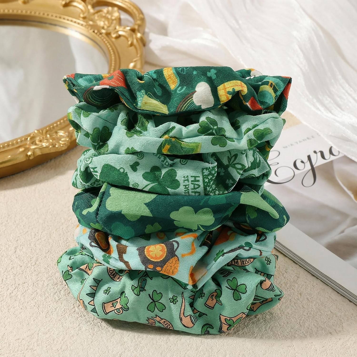 St.Patrick’s Day Scrunchies for Women & Girls, 6-pack Green Elastic Fabric Hair