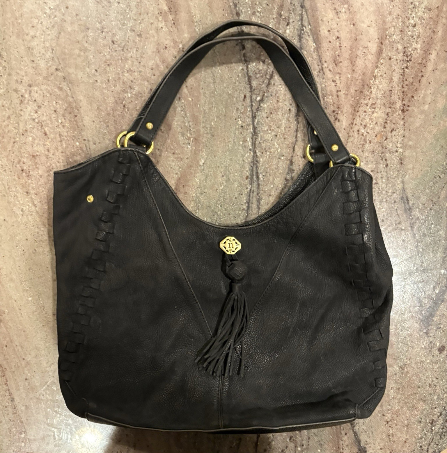 Nanette Lepore Black Pebbled Leather Hobo Shoulder Bag Tassel Gold Hardware