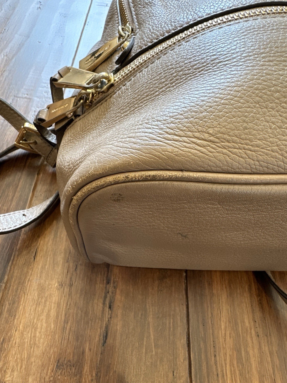 Michael Kors Leather Backpack Pebbled Taupe Gray Gold Hardware Medium Women Bag