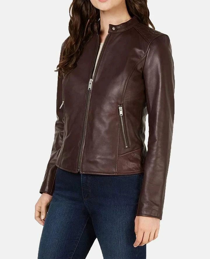 Womens Brown 100% Lambskin Leather Jacket Motorcycle Jacket Size XS S M L XL XXL