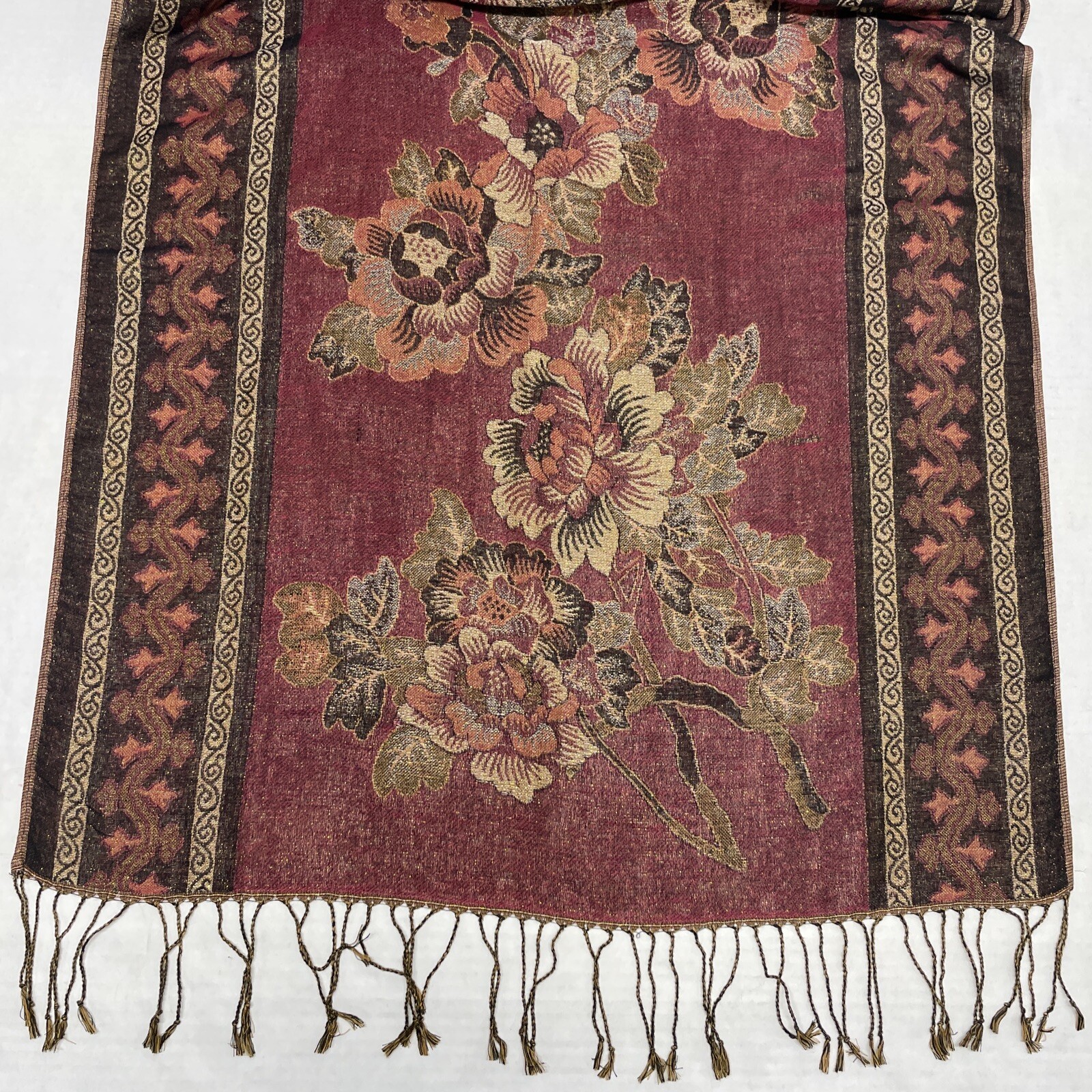 Elegant Floral Wrap Fringed Scarf Maroon Gold Black Oblong Rectangle Sparkle 72”
