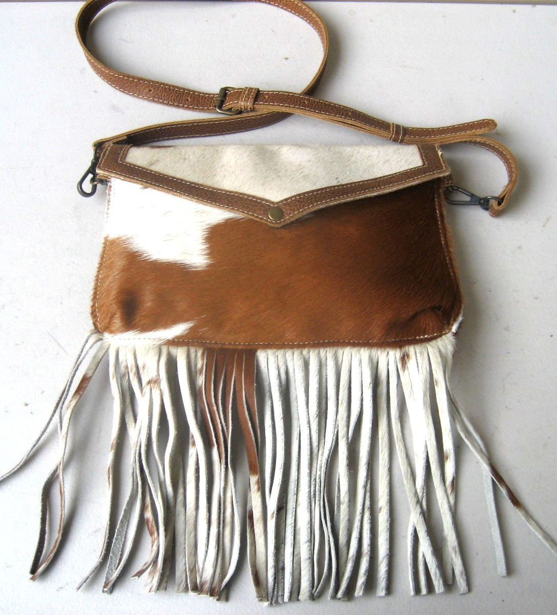 Myra Cowhide Leather Calfhair Crossbody Bag Fringe Western Handbag MINT