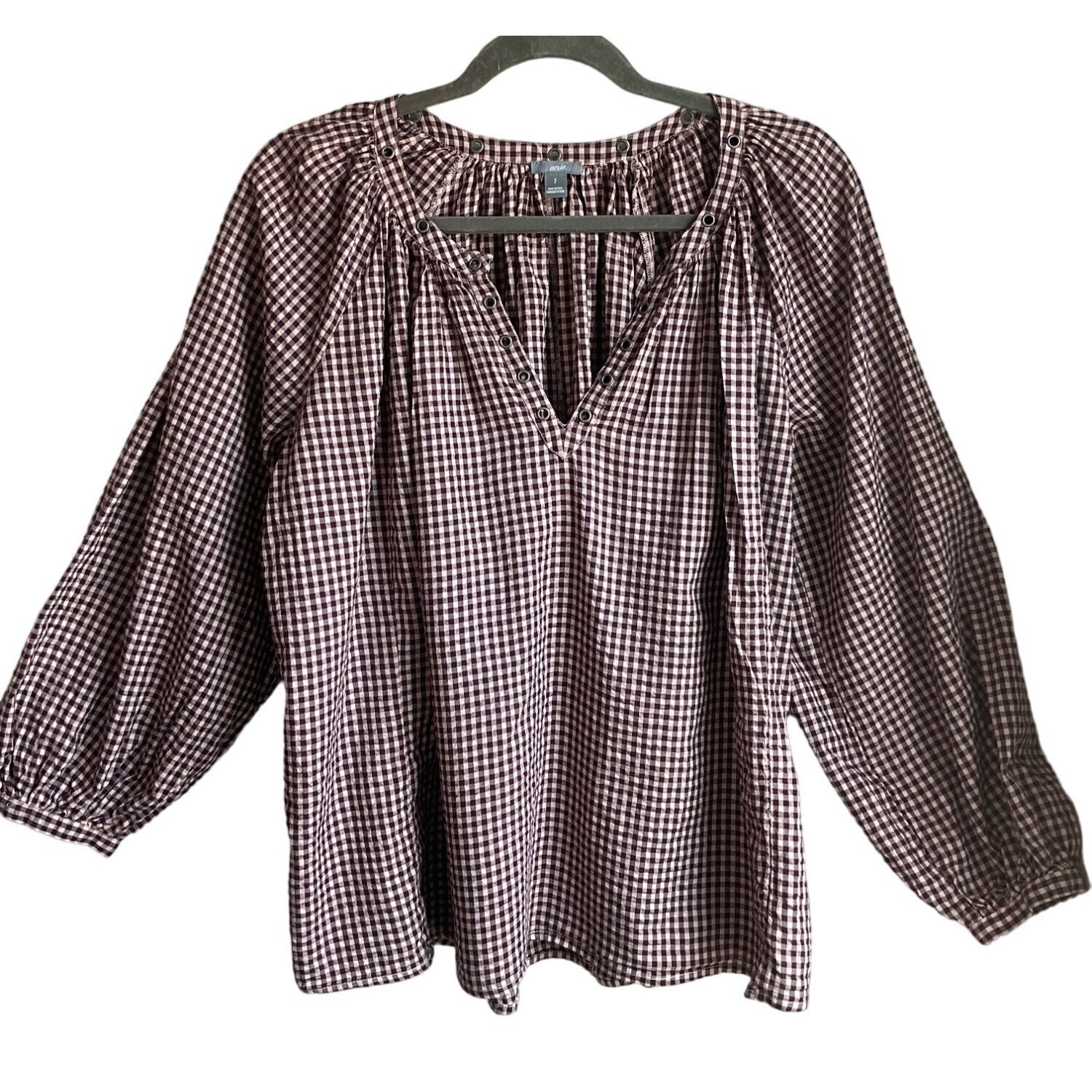 Aerie Sz Small Top Oversized Burgundy/Pink Long Sleeve Plaid Boho Modal Cotton