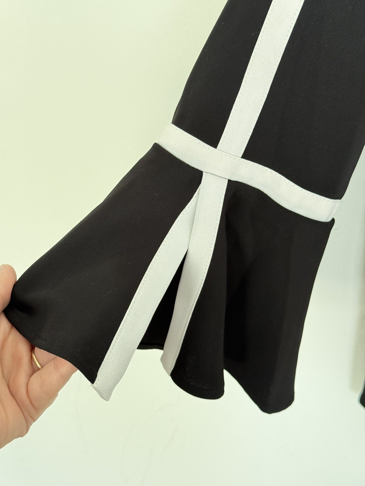 Calvin Klein Black Bell Sleeve Blouse with White Contrast Trim – Size S