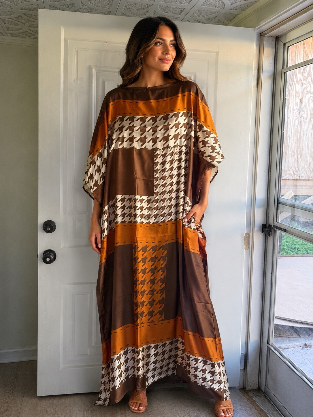 Long silky satin slip Kaftan Dress Geometric with scarf Boat Neck One Size