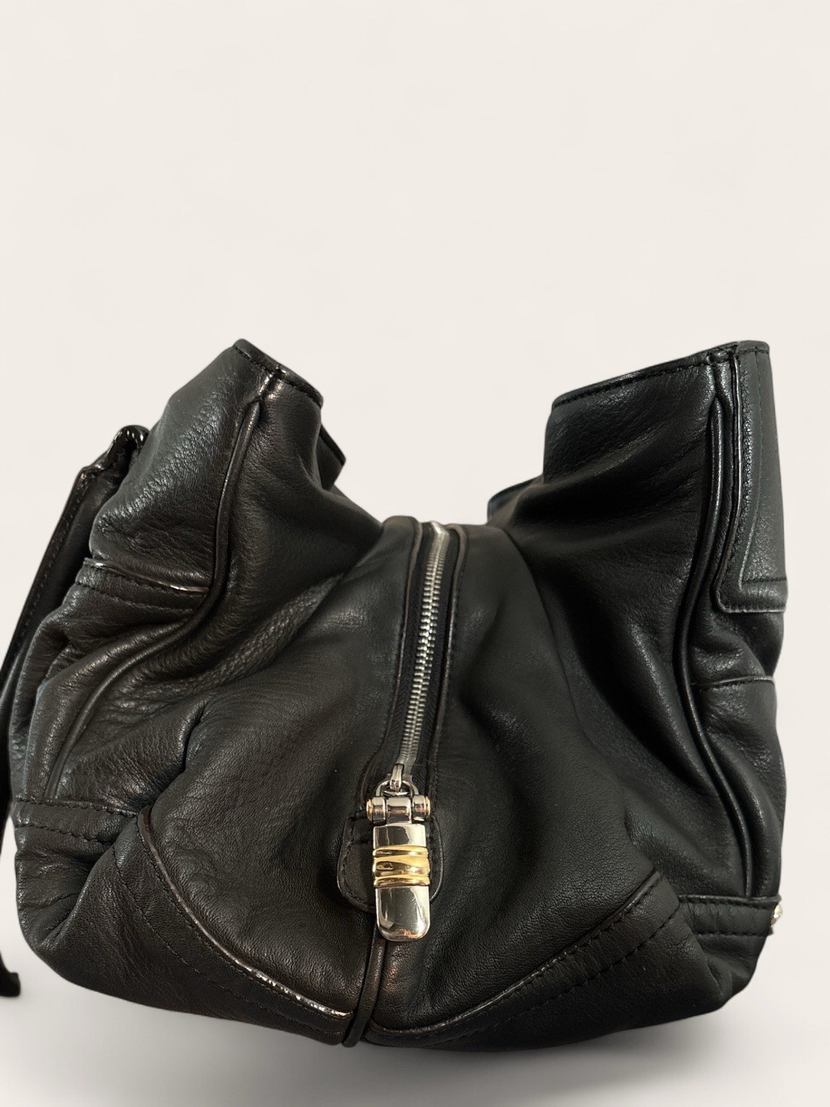 B. Makowsky Slouchy Pebbled Black Leather Satchel Bag W/Burgundy Lining