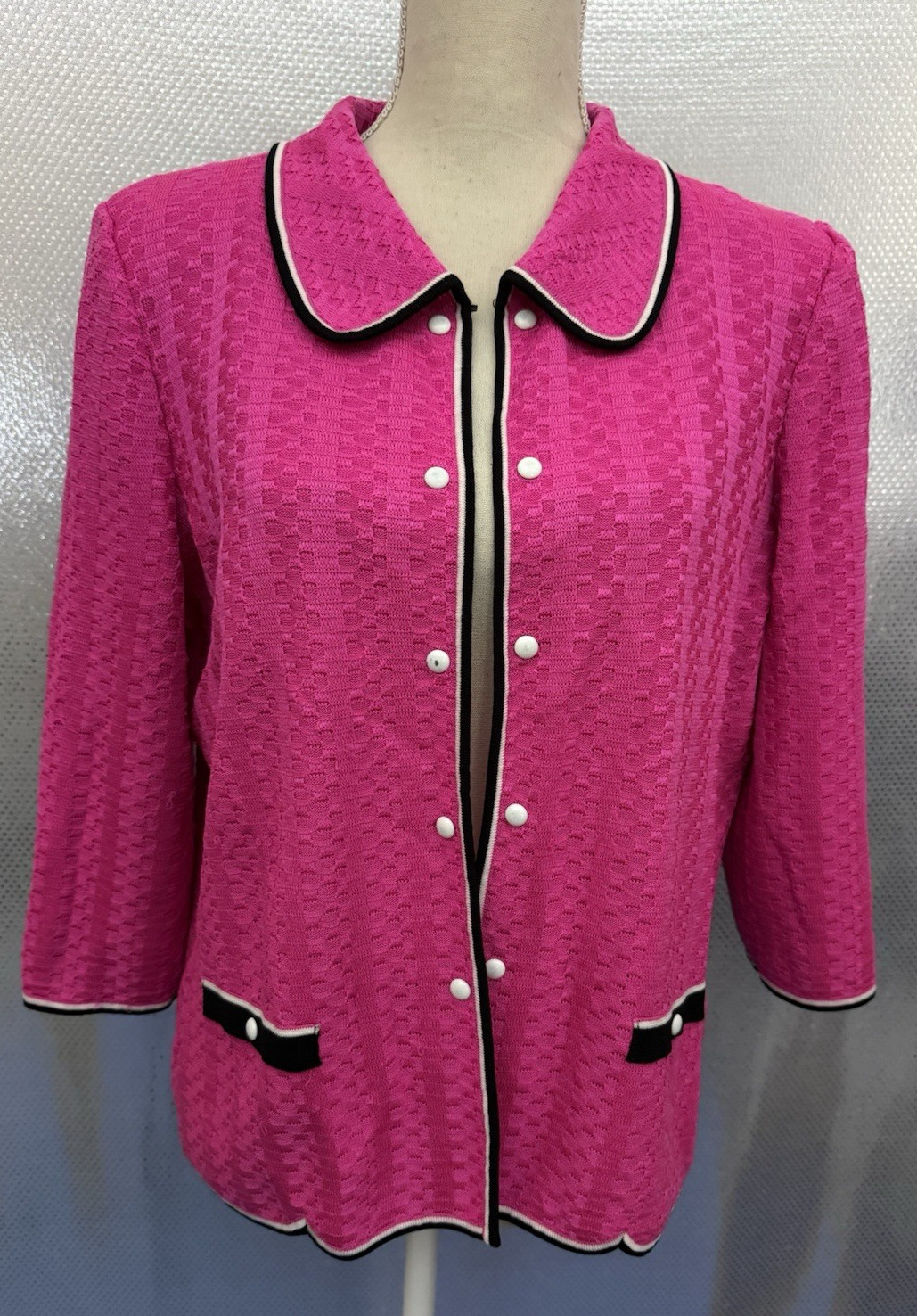 Ming Wang Cardigan Womens Sz L Bright Pink Collared 3/4 Sleeve Open Front Jacket