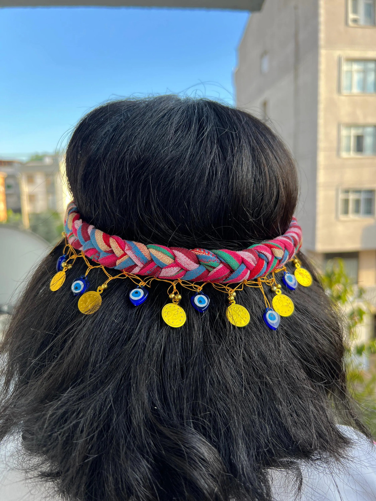 Colorful Turkish Hair Band with Gold Coins and Nazar Beads Handmade Unique