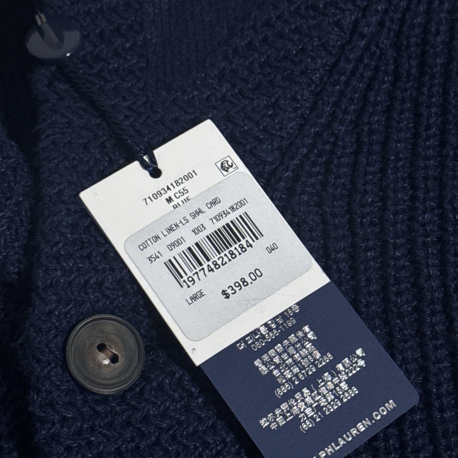 NEW Polo Ralph Lauren Men’s Large Navy Distressed Linen Cotton Shawl Cardigan L