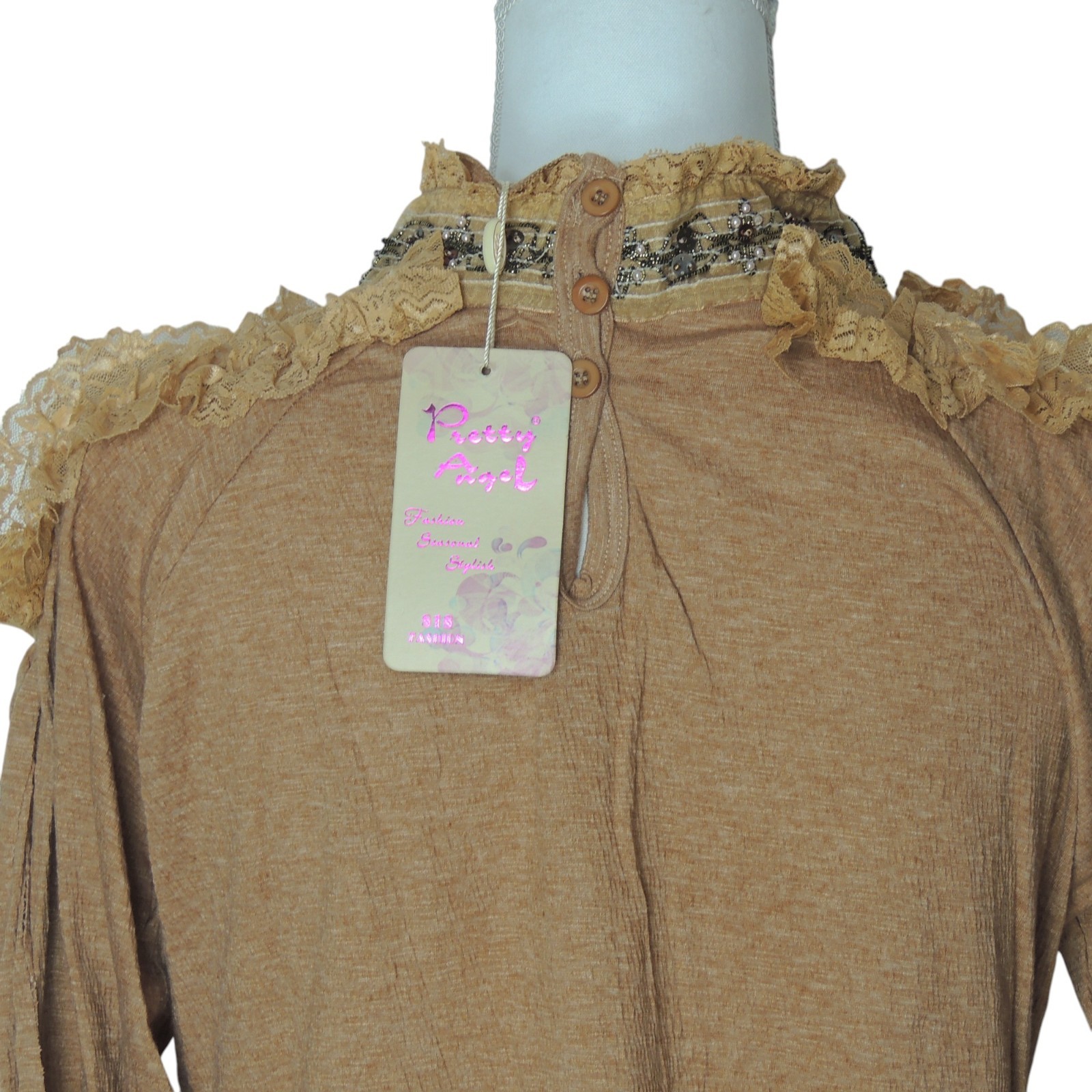 Pretty Angel Top Long Sleeve Butterfly Tunic With Lace Beaded Accents Brown S