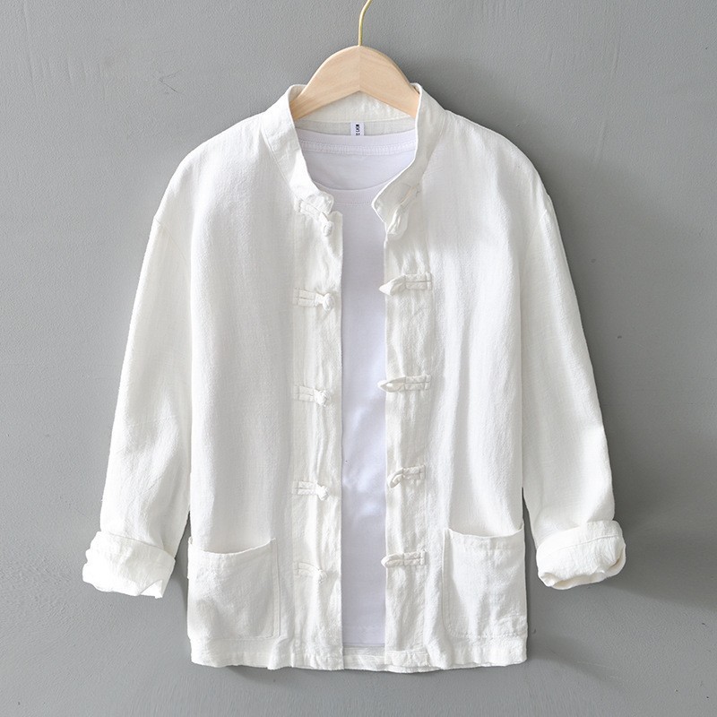 Men’s Chinese style buckle long sleeved casual breathable stand up collar retro