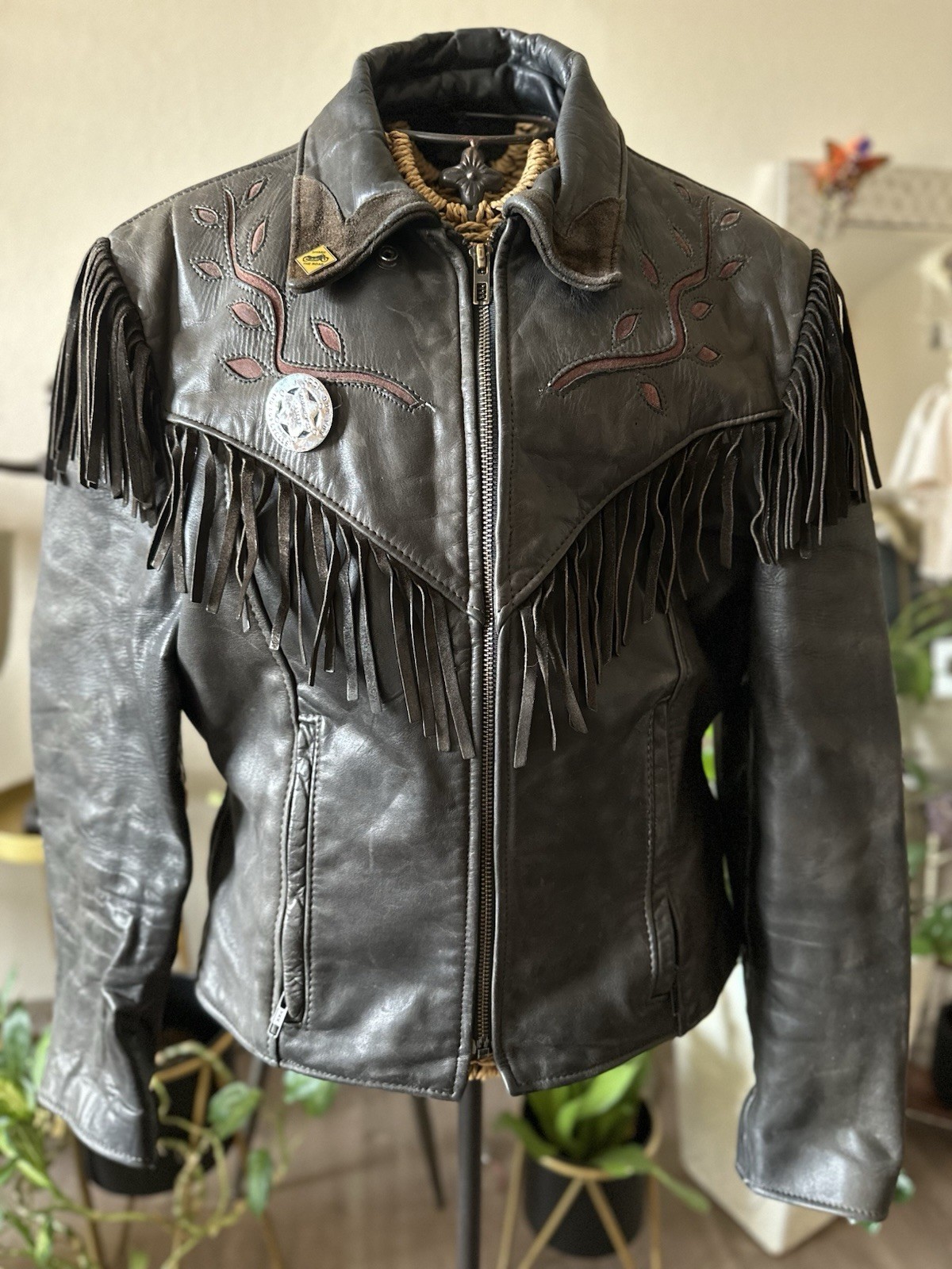 Vintage Boho Goth Women’s Black Leather Western Fringe Short Jacket Size 14