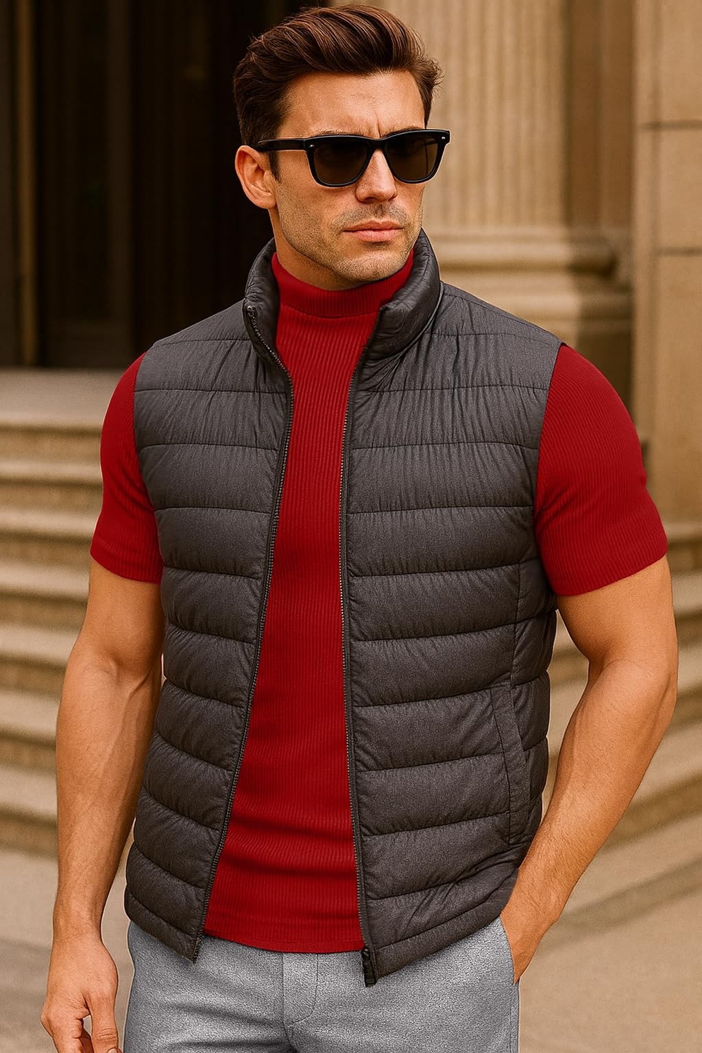 Men Mock Turtle Neck Shirt Slim Fit Short Sleeve Casual Ribbed Monak Turtleneck
