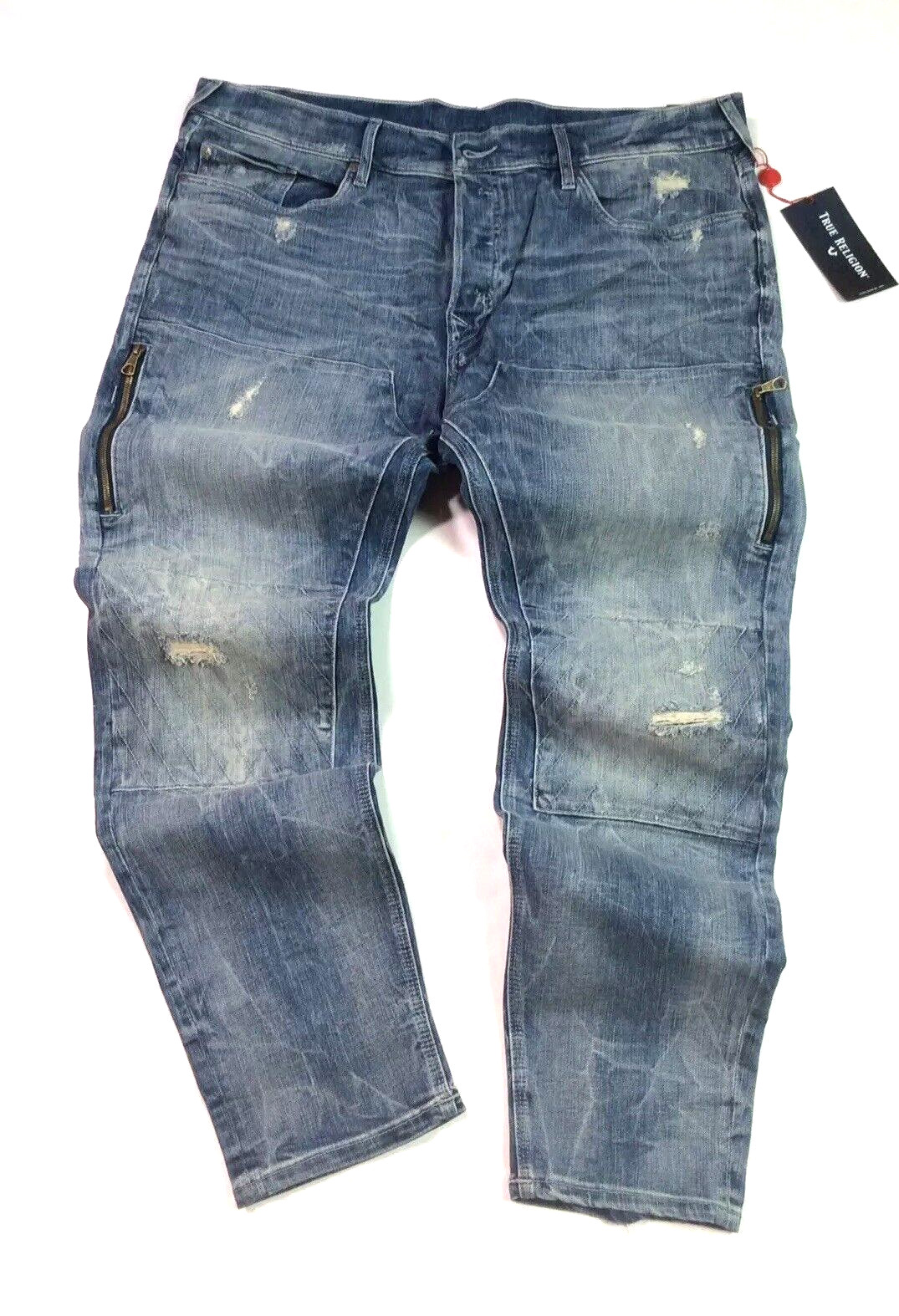 True Religion Zip Pockets Distressed Ripped Shredded Stitch Work Taper Jeans Men
