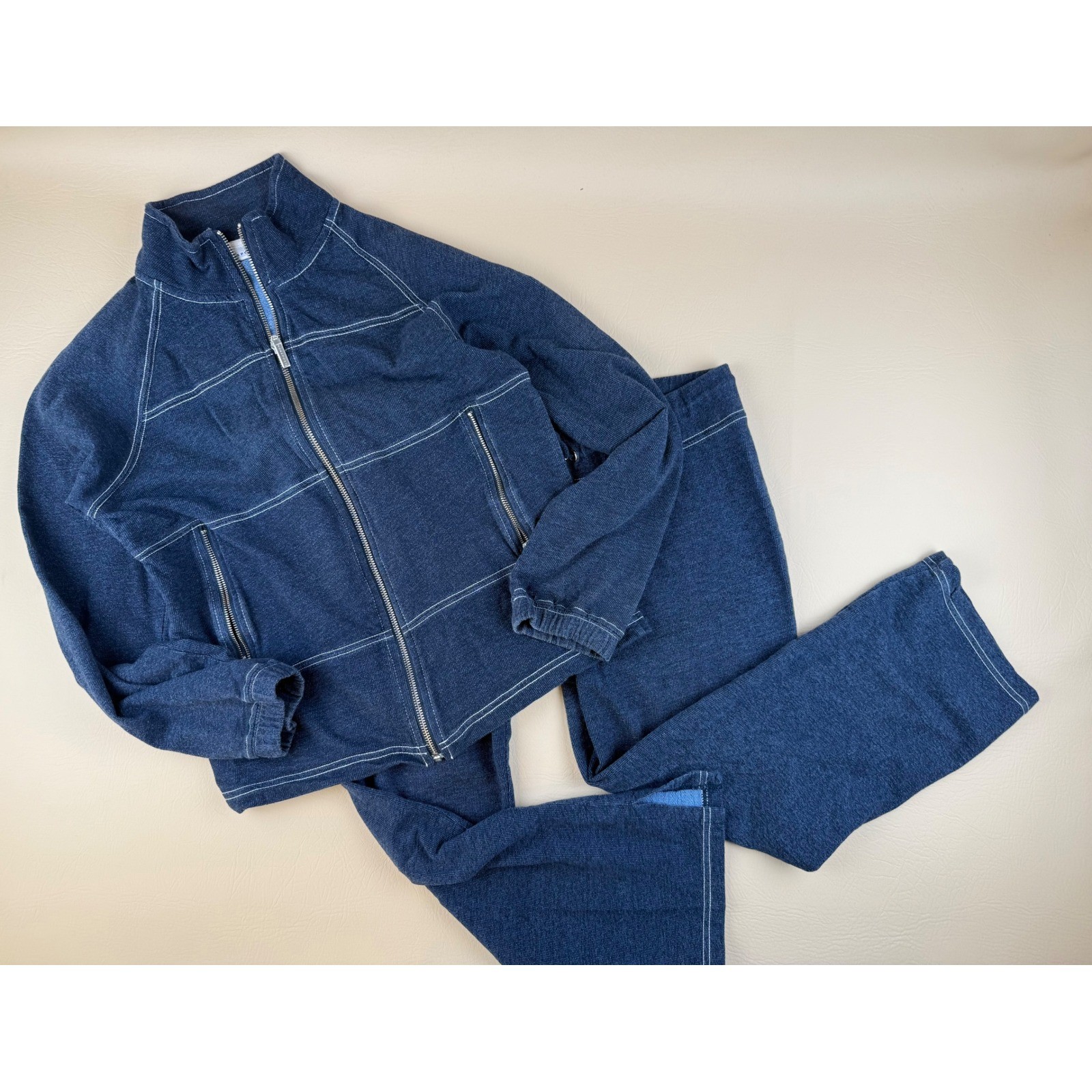 Vintage Denim Look 100% Cotton Tracksuit Set Lounge Wide Leg Women S Blue