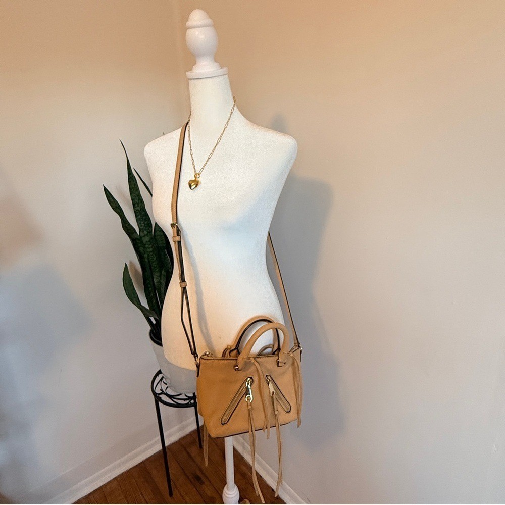 Rebecca Minkoff Tan Pebbled Leather Mini Satchel Crossbody with Fringe Details