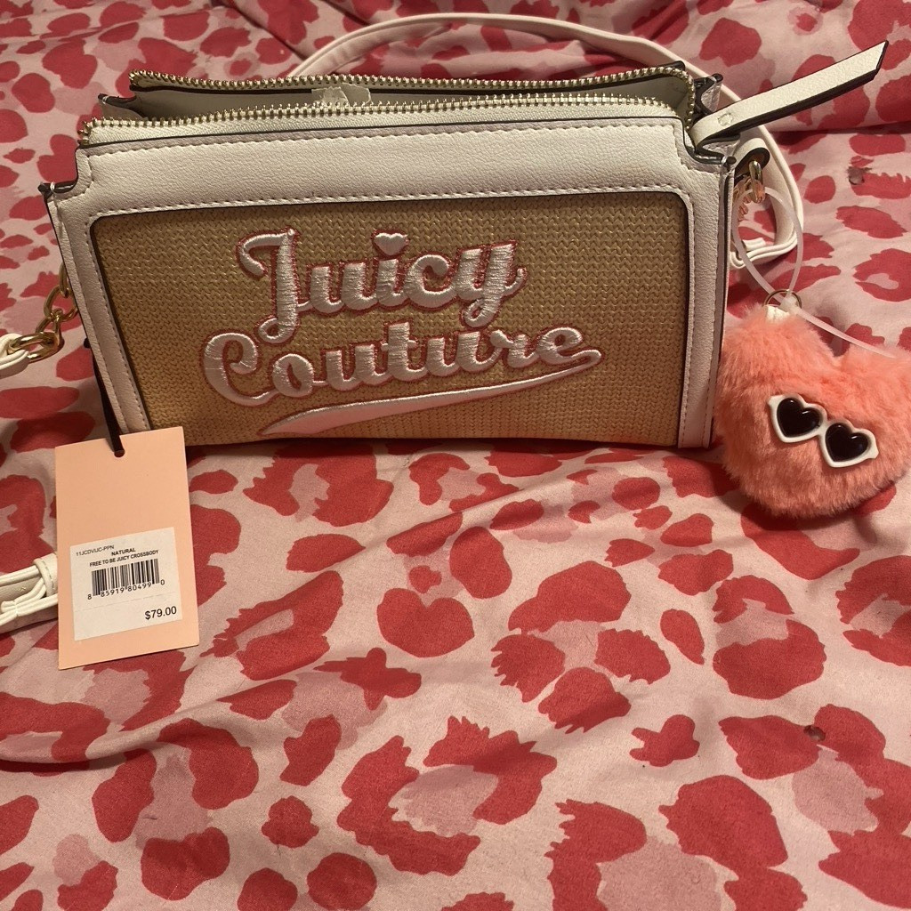 Juicy Couture Small Crossbody Logo Natural/White Pink Heart Charm
