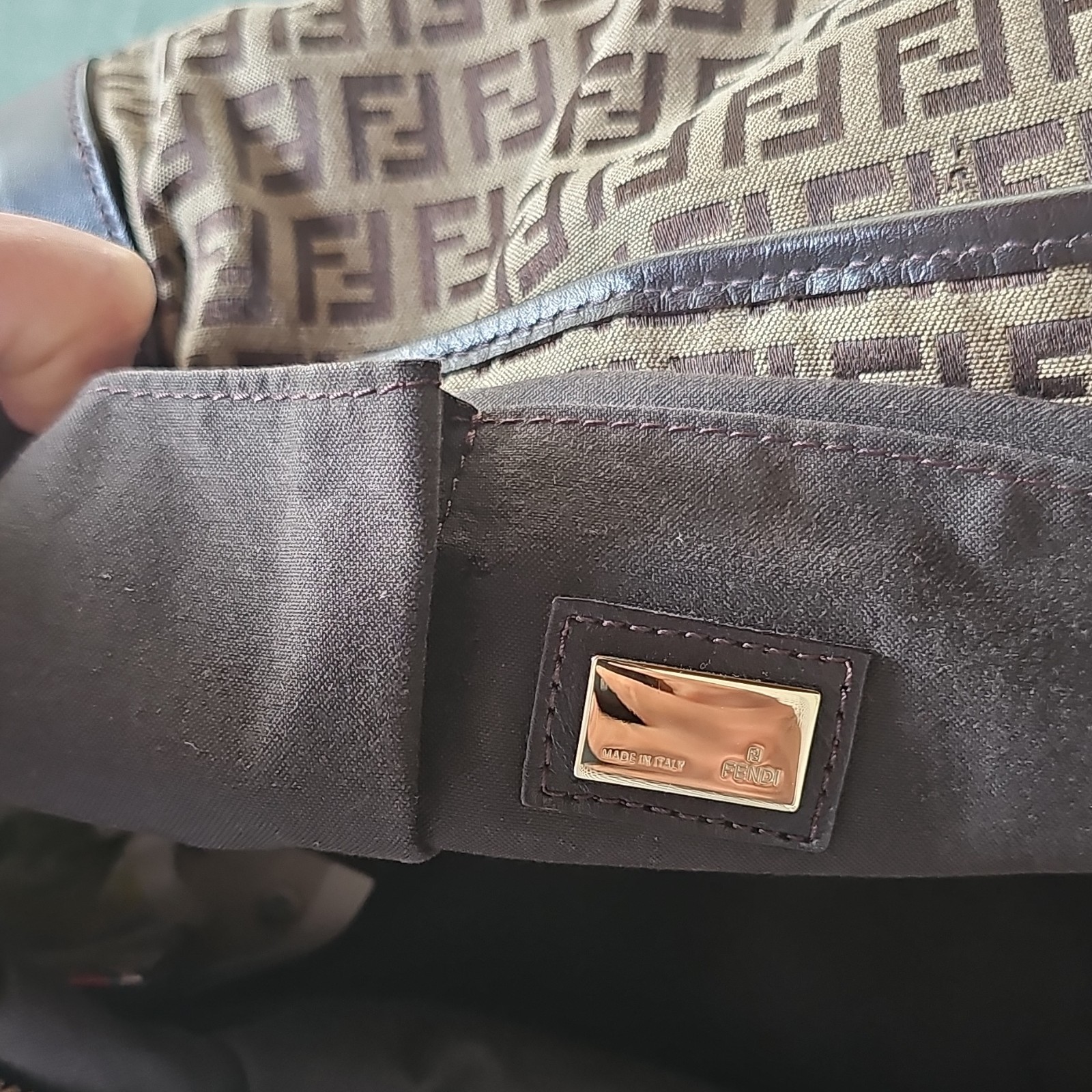 Fendi Zucca FF Logo Shoulder Bag, Zip Closure, Braided Strap, Gold Hardware
