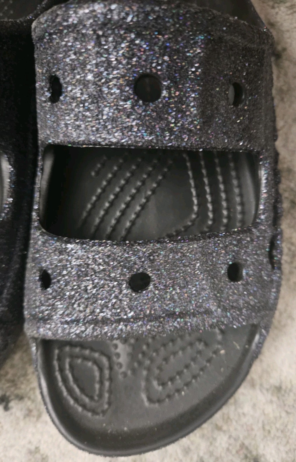 Crocs Baya Slide Sandals Womens 7 Mens 5 Black Glitter Iconic Comfort