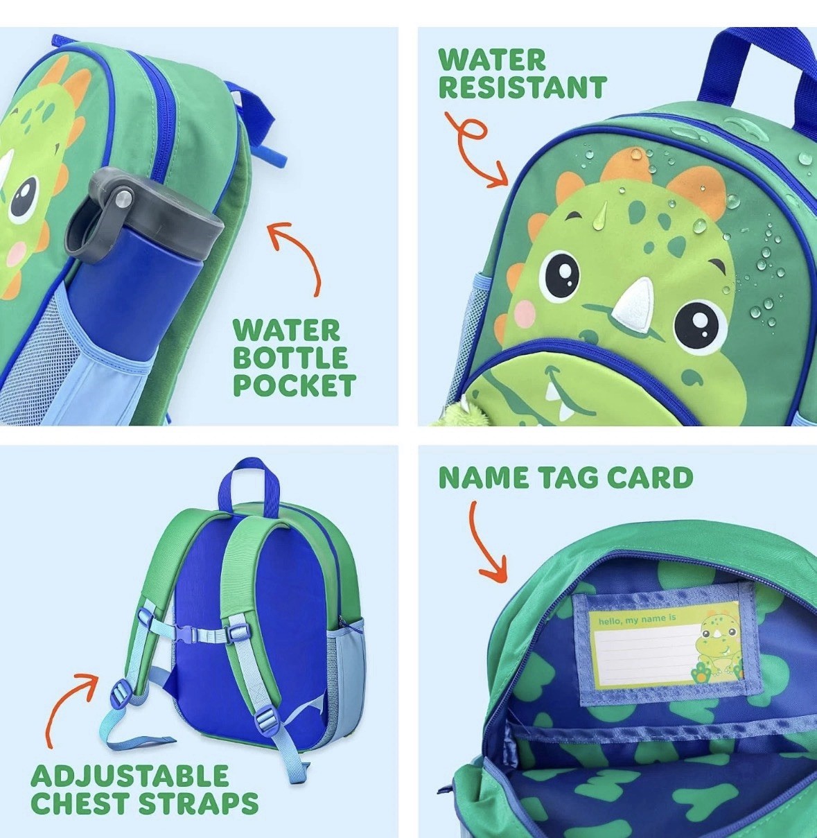Move2Play Dinosaur Kids Backpack Water Resistant, Green/Blue/Orange, Pockets