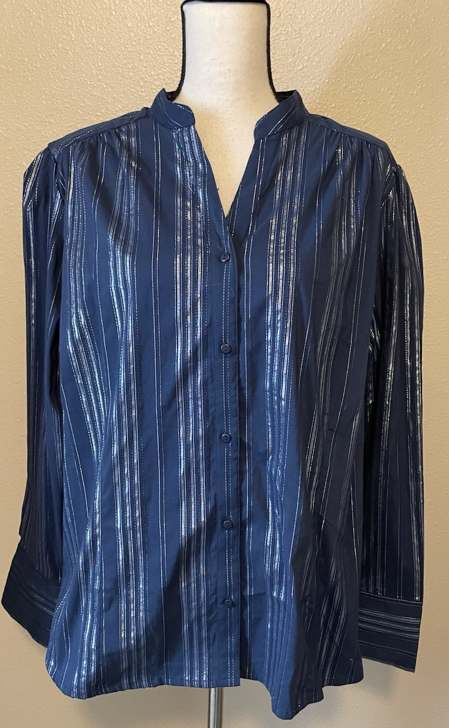 a.n.a Button Front Top Shirt, NEW, Blue w/Silver Stripes, Plus Size 2X