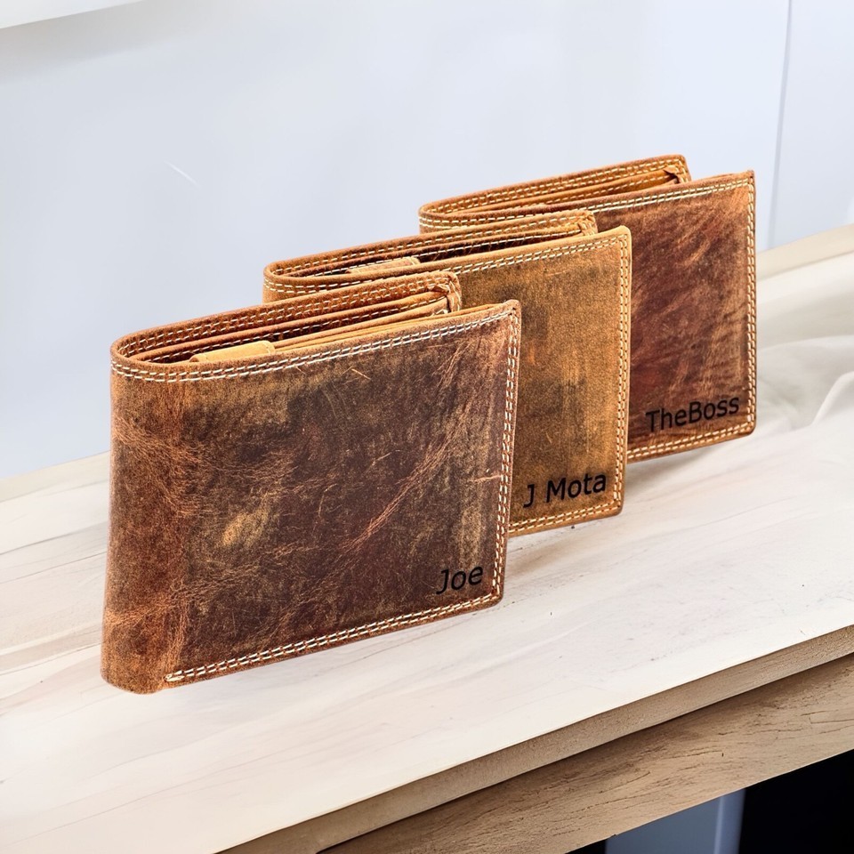 Personalised Custom Engraved RFID Blocking Mens Distressed Hunter leather Wallet