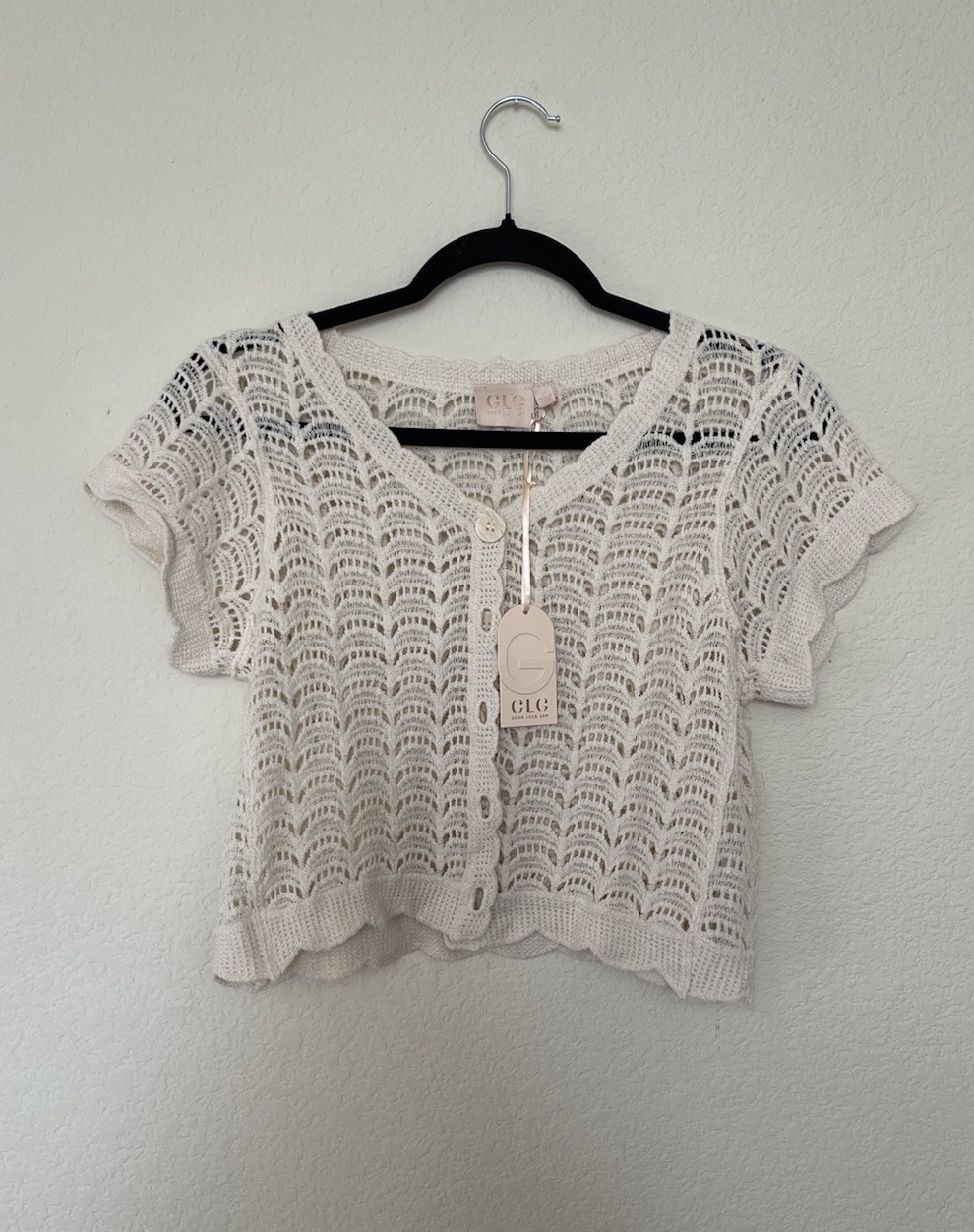 Good Luck Gem Women’s Cream Crochet Knit Button Front Crop Cardigan Size S NWT