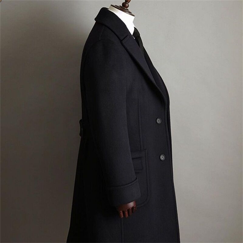 Men’s Black Wool Blend Winter Overcoat Heavy Men‘s Windproof Lapel Long Jacket
