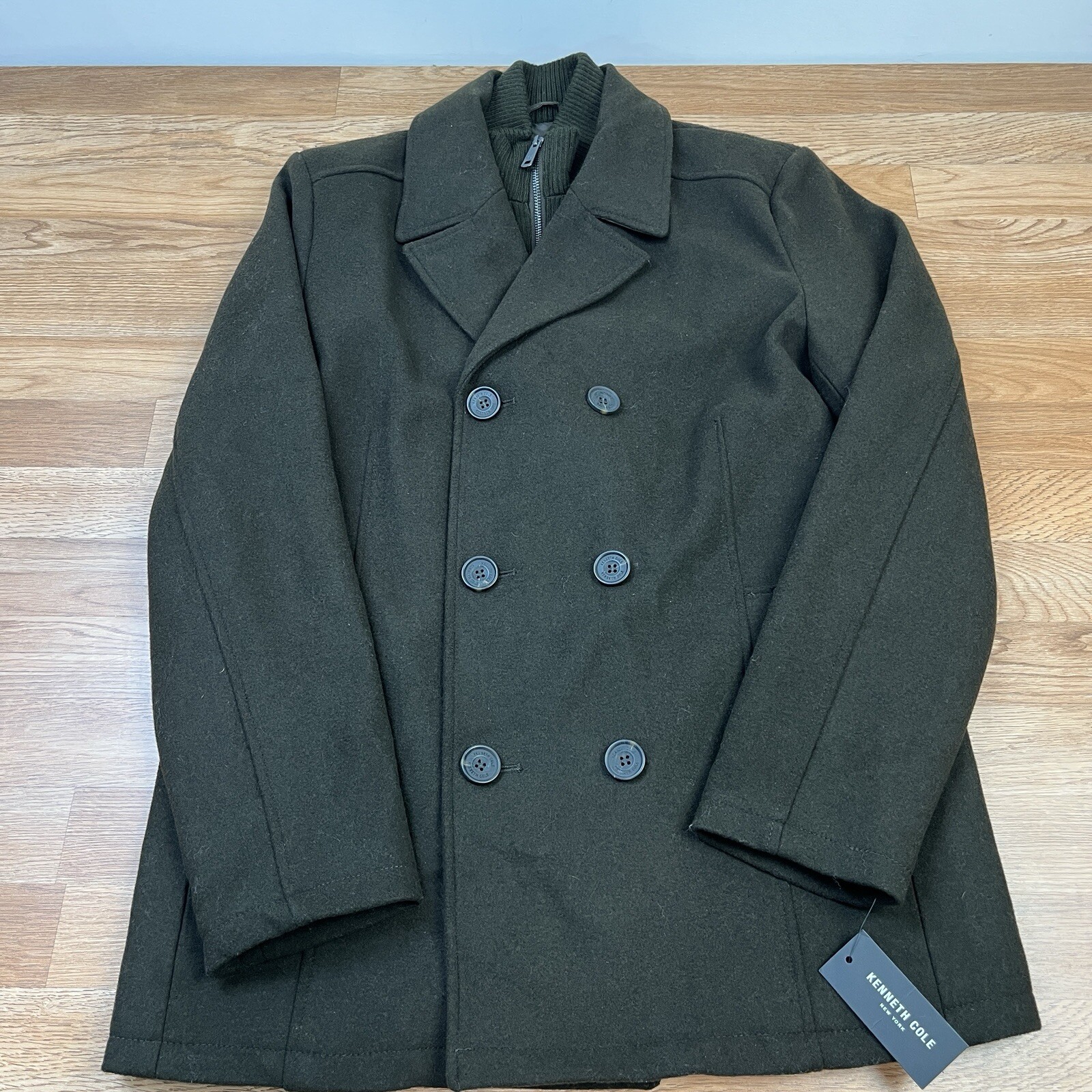 Kenneth Cole Men’s Double Breasted Wool Blend Peacoat Olive Medium NEW